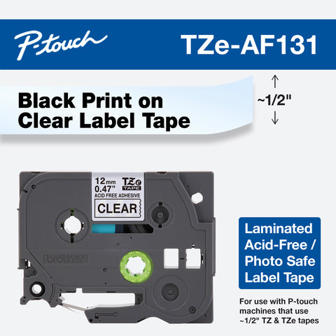 Brother 1/2" Black on Clear "Acid Free" Tape - TZeAF131