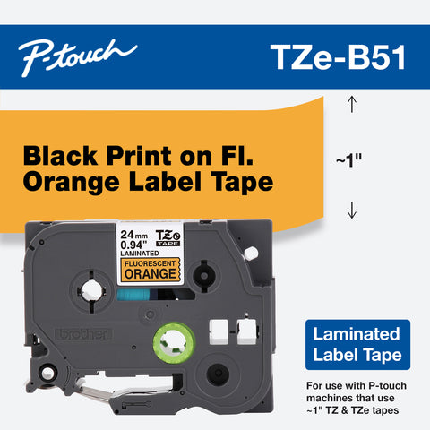 Brother 1" Black on Fluorescent Orange Tape - TZeB51