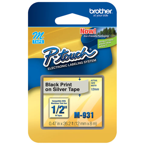 Brother 1/2" Black on Silver Tape - M931