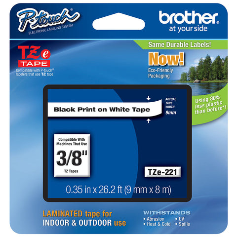 Brother 3/8" Black on White Tape - TZe221