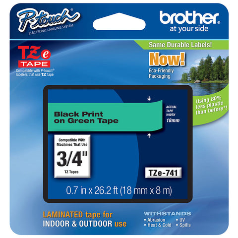 Brother 3/4" Black on Green Tape - TZe741