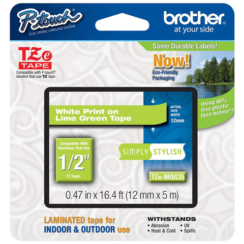 Brother 1/2" White on Lime Green Tape - TZeMQG35