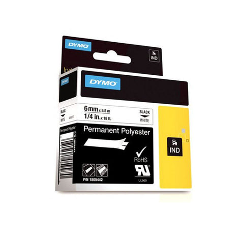 Dymo RhinoPro 1/4" Black on White Permanent Polyester Tape - 1805442