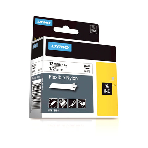 Dymo RhinoPro 1/2" Black on White Flexible Nylon Tape - 18488