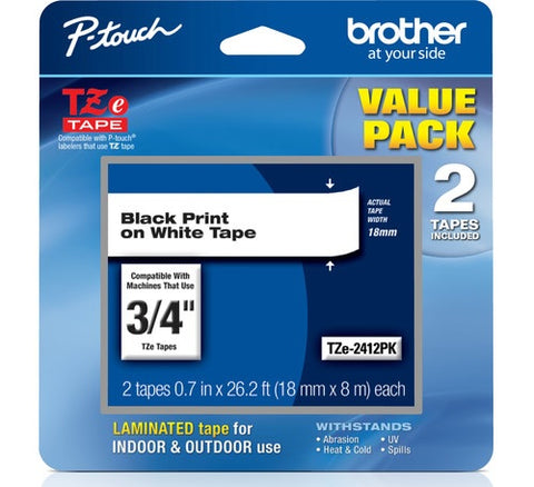 Brother 3/4" Black on White Tape (2-Pack) - TZe2412PK