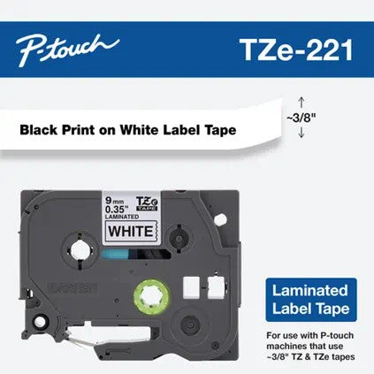 Brother 3/8" Black on White Tape - TZe221