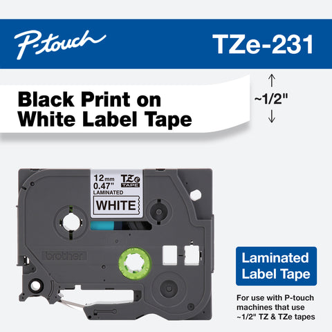 Brother 1/2" Black on White TZe Tape - TZe231