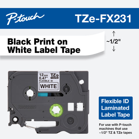 Brother 1/2" Black on White Flexible ID Tape - TZeFX231
