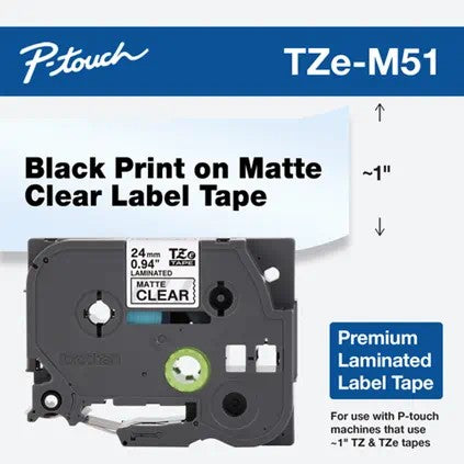 Brother 1" Black on Premium Matte Clear Tape - TZeM51
