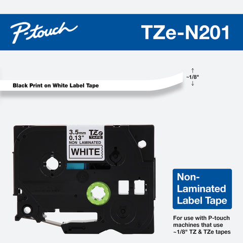 Brother 9/64" Black on White Non-Laminated Tape - TZeN201
