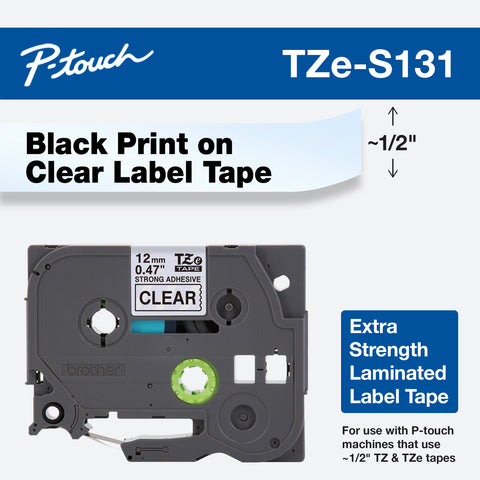 Brother 1/2" Black on Clear Extra Strength Adhesive Tape - TZeS131