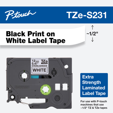 Brother 1/2" Black on White Extra Strength Adhesive Tape - TZeS231