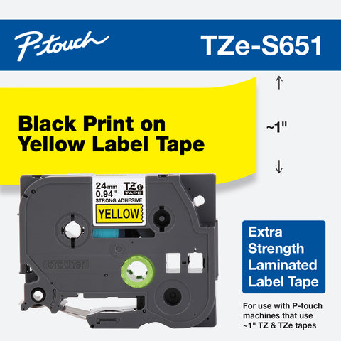 Brother 1" Black on Yellow Extra Strength Adhesive Tape - TZeS651