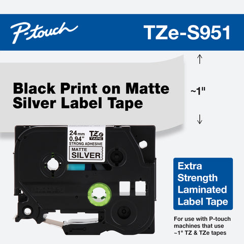 Brother 1" Black on Matte Silver Extra Strength Adhesive Tape - TZeS951