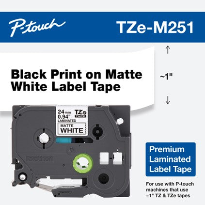 Brother 1" Black on Premium Matte White Tape - TZeM251