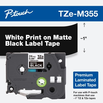 Brother 1"  White on Premium Matte Black Tape - TZeM355