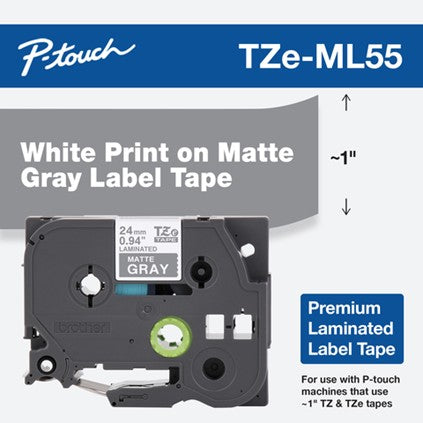 Brother 1" White on Premium Matte Gray Tape - TZeML55