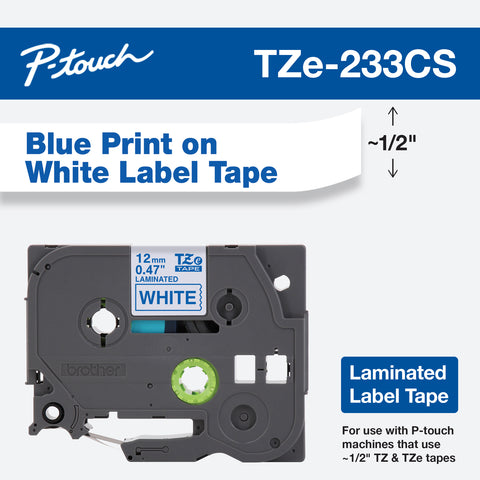 Brother 1/2" Blue on White Tape - TZe233