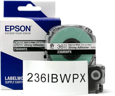 Epson 1-1/2" Black on White "Strong Adhesive" Tape - 236IBWPX
