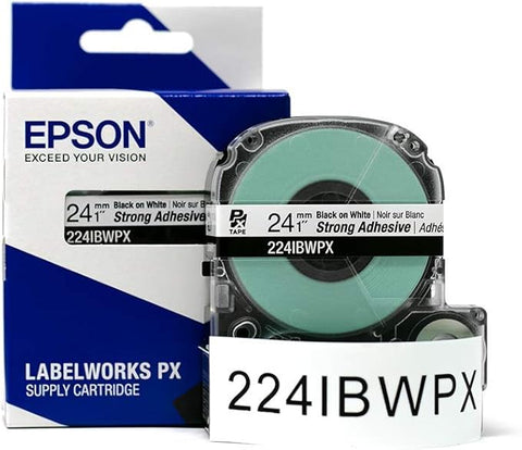 Epson 1" Black on White "Strong Adhesive" Tape - 224IBWPX