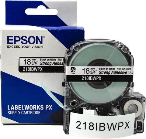 Epson 3/4" Black on White "Strong Adhesive" Tape - 218IBWPX