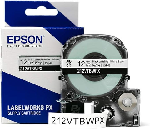 Epson 1/2" Black on White Vinyl Tape - 212VTBWPX