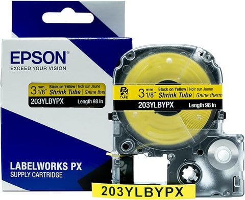 Epson 1/8" Black on Yellow Shrink Tube - 203YLBYPX (Formerly 203B20BYPX)