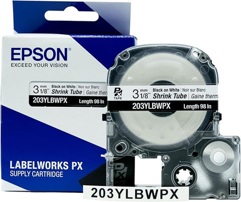 Epson 1/8" Black on White Shrink Tube - 203YLBWPX (Formerly 203B20BWPX)