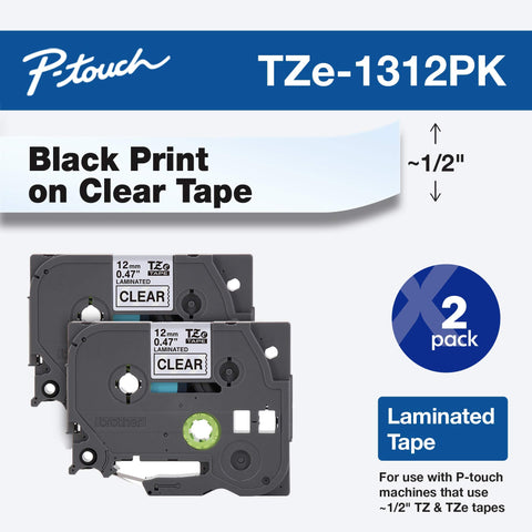 Brother 1/2" Black on Clear Tape (2-Pack) - TZe1312PK