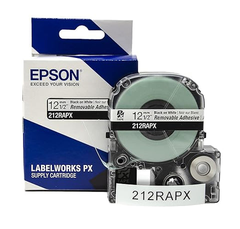 Epson 1/2" Black on White "Removable Adhesive" Tape - 212RAPX