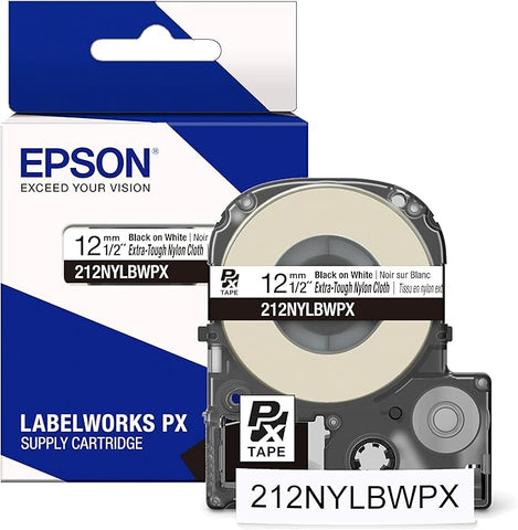 Epson 1/2" Black on White Extra-Tough Nylon Tape - 212NYLBWPX