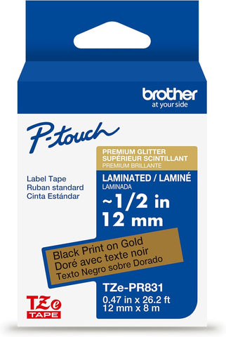 Brother 1/2" Black on Glitter Gold Tape - TZePR831