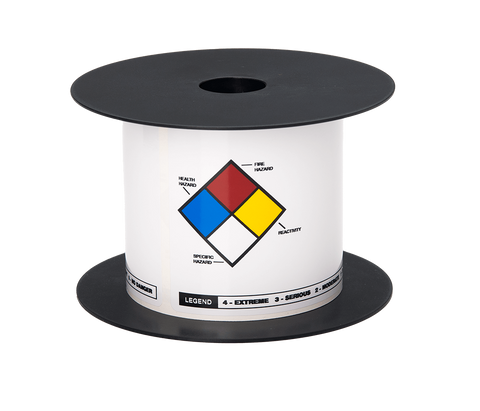 Spool of cable with a safety label on a black background