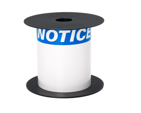 Spool of white ribbon with blue 'NOTICE' label on a white background
