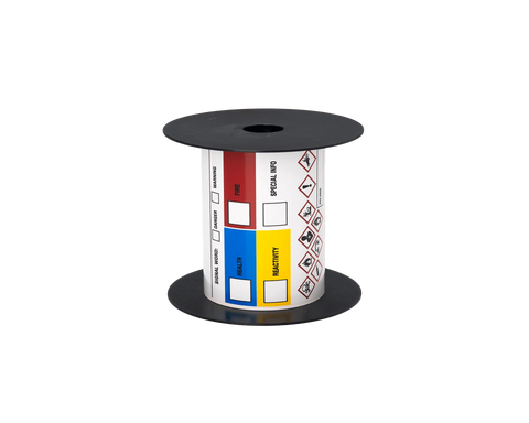 Spool of labels with hazard symbols on a white background