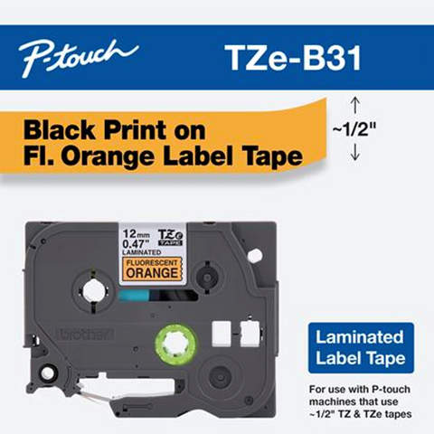 Brother 1/2" Black on Fluorescent Orange Tape - TZeB31