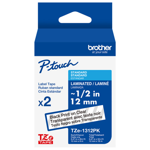 Brother 1/2" Black on Clear Tape (2-Pack) - TZe1312PK