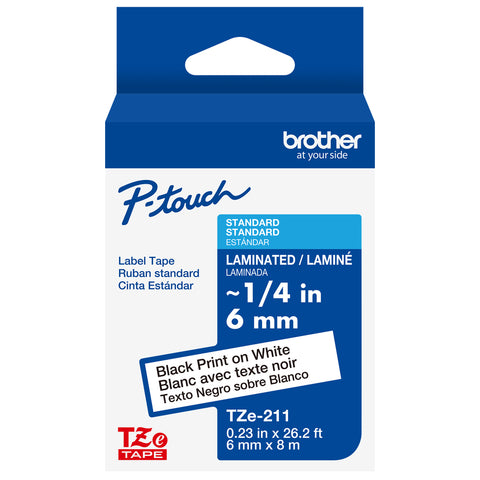 Brother 1/4" Black on White Tape - TZe211