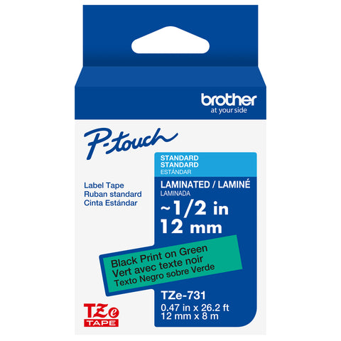 Brother 1/2" Black on Green Tape - TZe731