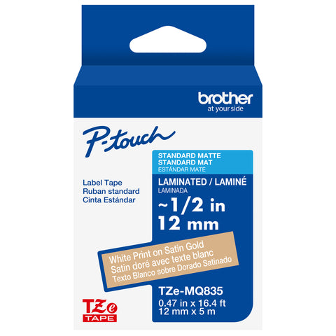 Brother 1/2" White on Satin Gold Tape - TZeMQ835