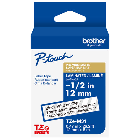 Brother 1/2" Black on Premium Matte Clear Tape - TZeM31