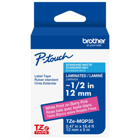 Brother 1/2" White on Berry Pink Tape - TZeMQP35