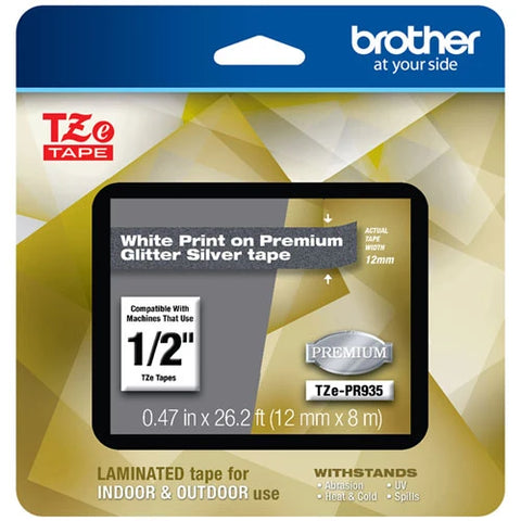 Brother 1/2" White on Glitter Silver Tape - TZePR935
