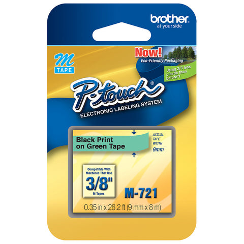 Brother 3/8" Black on Metallic Green Tape - M721