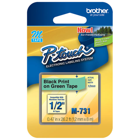 Brother 1/2" Black on Metallic Green Tape - M731