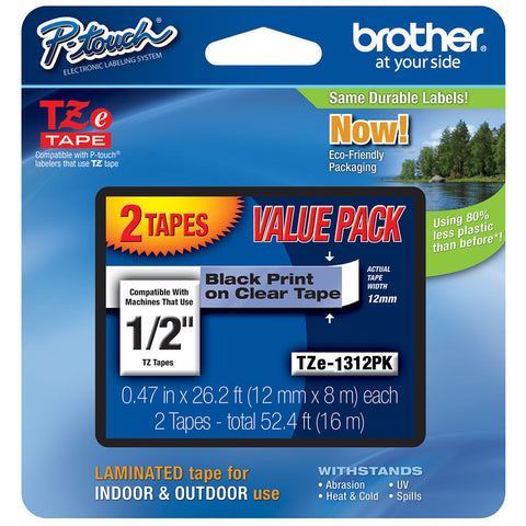 Brother 1/2" Black on Clear Tape (2-Pack) - TZe1312PK