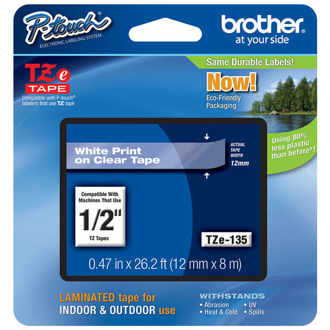 Brother 1/2" White on Clear Tape - TZe135