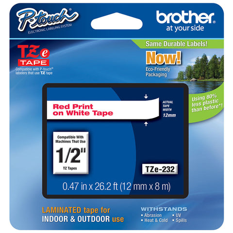 Brother 1/2" Red on White Tape - TZe232