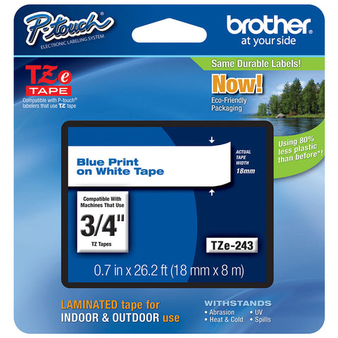 Brother 3/4" Blue on White Tape - TZe243