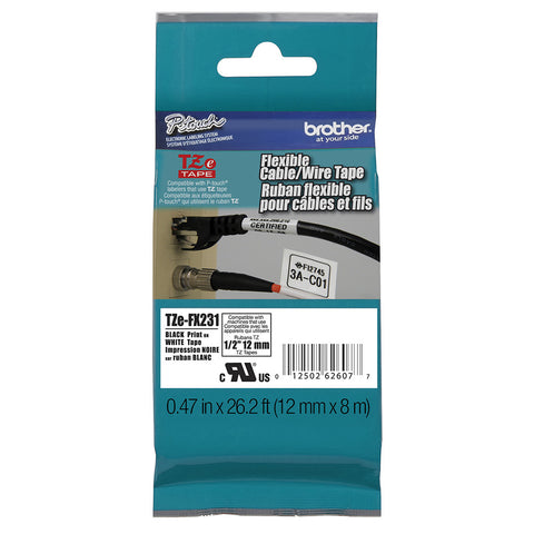 Brother 1/2" Black on White Flexible ID Tape - TZeFX231